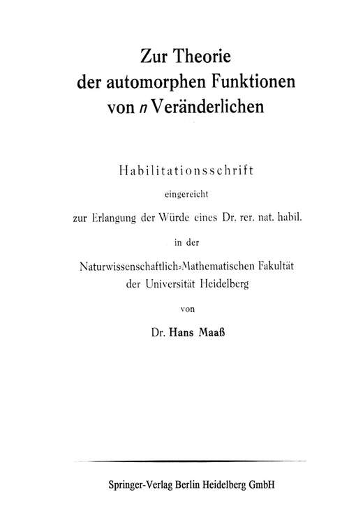 Book cover of Zur Theorie der automorphen Funktionen von n Veränderlichen (1940)