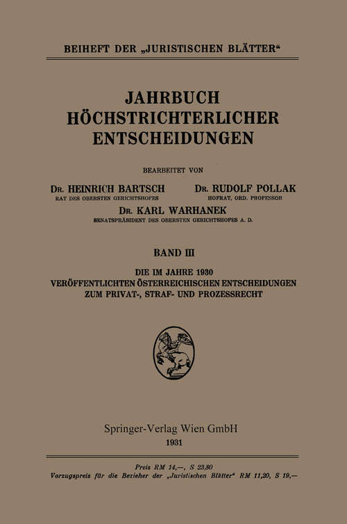 Book cover of Jahrbuch höchstrichterlicher Entscheidungen: Band III (1931) (Beiheft der "Juristischen Blätter" #3)