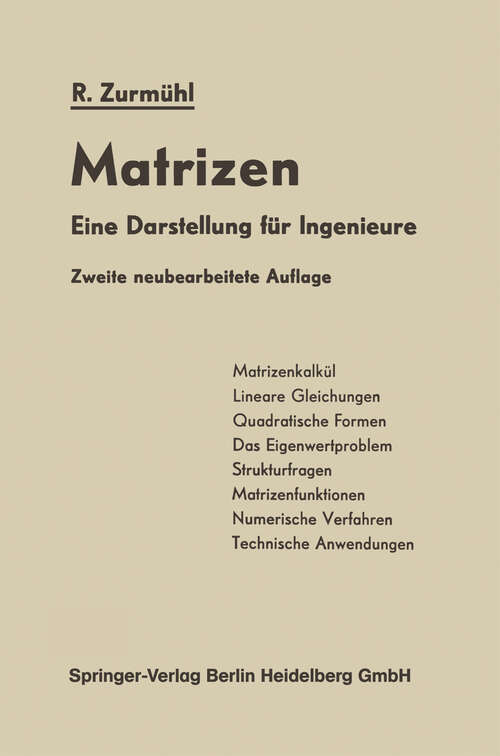Book cover of Matrizen: Eine Darstellung für Ingenieure (2. Aufl. 1958)