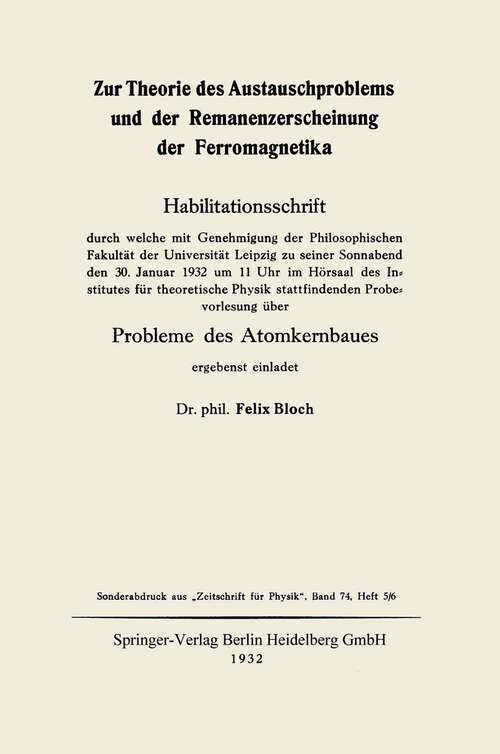 Book cover of Zur Theorie des Austauschproblems und der Remanenzerscheinung der Ferromagnetika: Probleme des Atomkernbaues (1932)