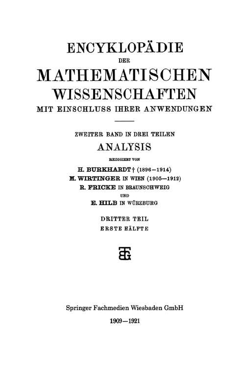 Book cover of Encyklopädie der Mathematischen Wissenschaften mit Einschluss ihrer Anwendungen: Zweiter Band: Analysis (1921)