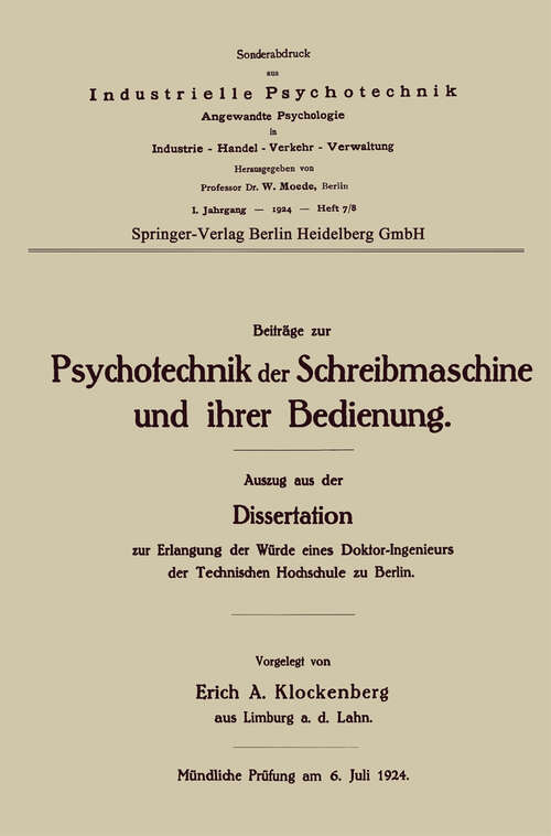 Book cover of Beiträge zur Psychotechnik der Schreibmaschine und ihrer Bedienung (1924)