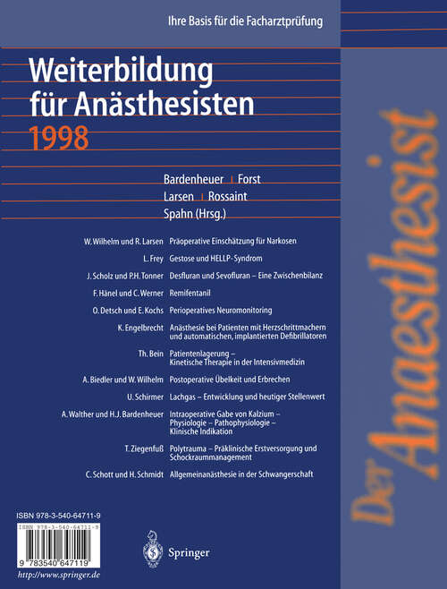 Book cover of Der Anaesthesist Weiterbildung für Anästhesisten 1998: Ihre Basis für die Facharztprüfung (1998)