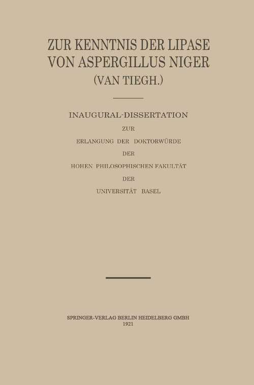 Book cover of Zur Kenntnis der Lipase von Aspergillus Niger (van Tiegh) (1921)