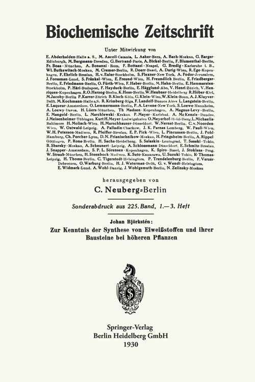 Book cover of Zur Kenntnis der Synthese von Eiweißstoffen und ihrer Bausteine bei höheren Pflanzen (1930)