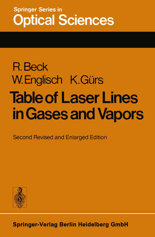 Book cover of Table of Laser Lines in Gases and Vapors (2nd ed. 1978) (Springer Series in Optical Sciences #2)