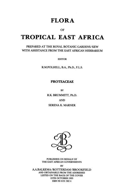 Book cover of Flora of Tropical East Africa - Proteaceae (1993)