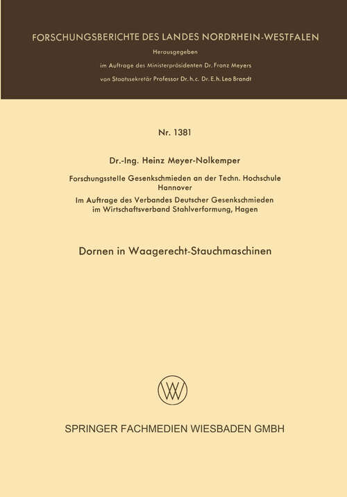 Book cover of Dornen in Waagerecht-Stauchmaschinen (1964) (Forschungsberichte des Landes Nordrhein-Westfalen #1381)