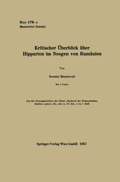 Book cover of Kritischer Überblick über Hipparion im Neogen von Rumänien (1967) (Sitzungsberichte der Österreichischen Akademie der Wissenschaften)