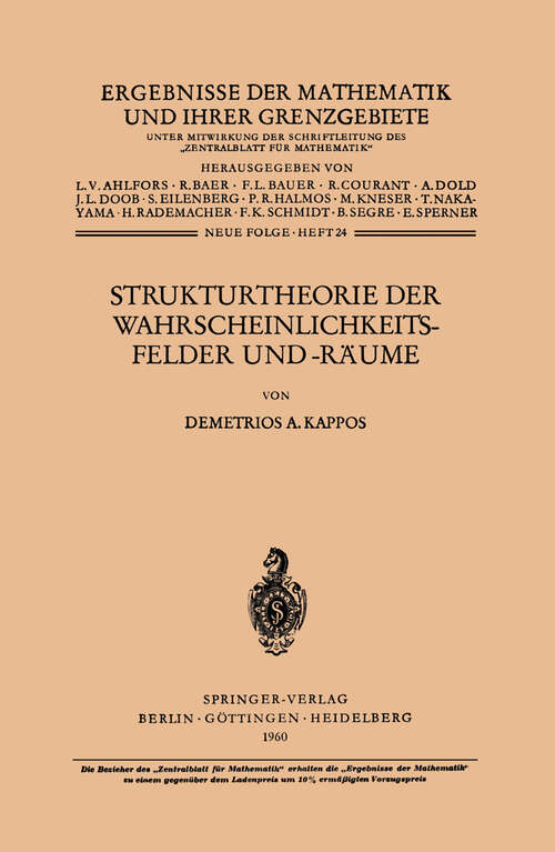 Book cover of Strukturtheorie der Wahrscheinlichkeitsfelder und -Räume (1960) (Ergebnisse der Mathematik und ihrer Grenzgebiete. 2. Folge #24)