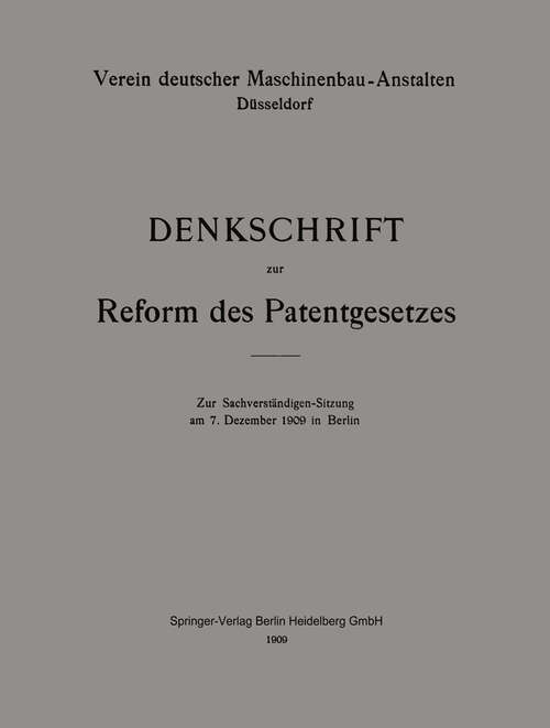 Book cover of Denkschrift zur Reform des Patentgesetzes (1909)