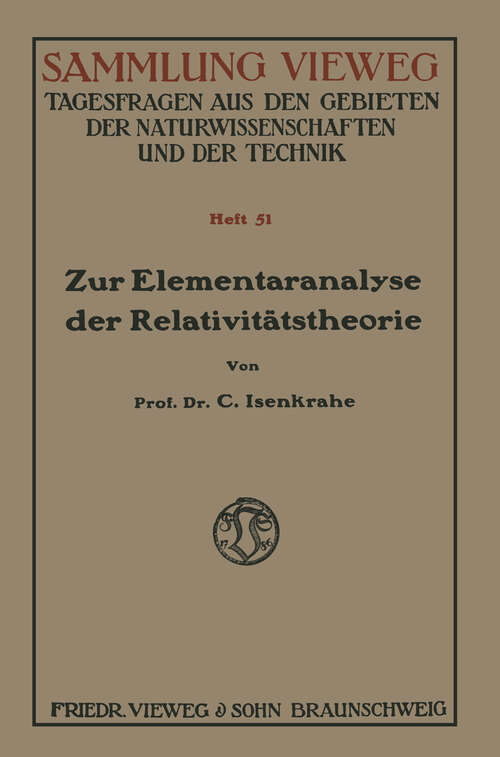 Book cover of Zur Elementaranalyse der Relativitätstheorie: Einleitung und Vorstufen (1921) (Sammlung Vieweg)