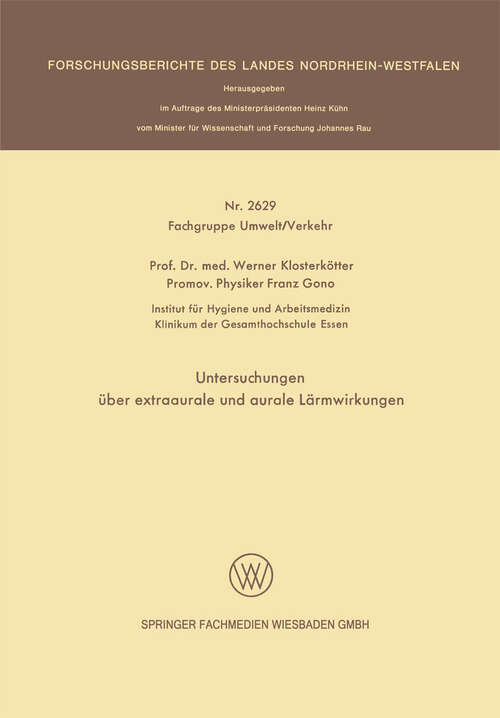 Book cover of Untersuchungen über extraaurale und aurale Lärmwirkungen (1977) (Forschungsberichte des Landes Nordrhein-Westfalen #2629)