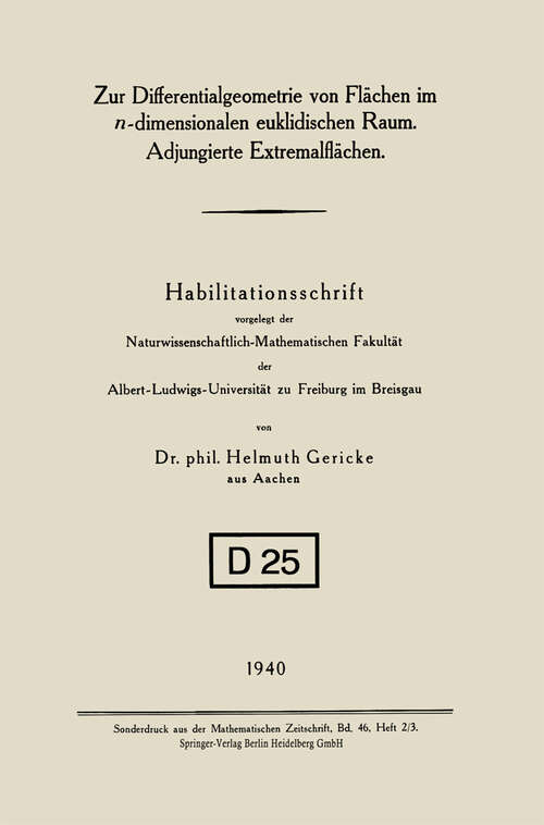 Book cover of Zur Differentialgeometrie von Flächen im n-dimensionalen euklidischen Raum. Adjungierte Extremalflächen (1940)