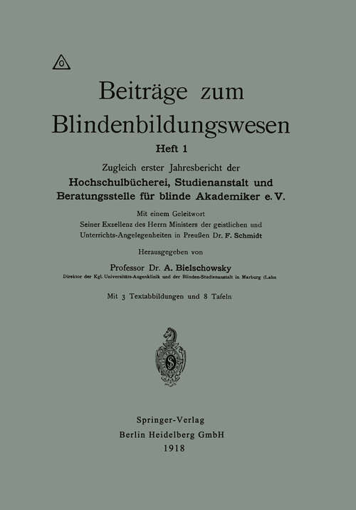 Book cover of Beiträge zum Blindenbildungswesen: Heft 1 (1918)