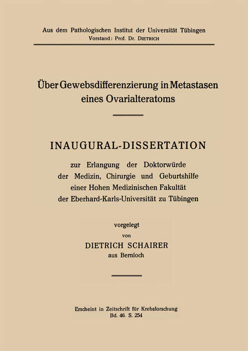 Book cover of Über Gewebsdifferenzierung in Metastasen eines Ovarialteratoms (1937)