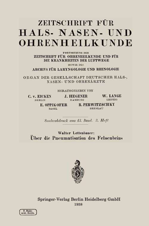 Book cover of Über die Pneumatisation des Felsenbeins (1938)
