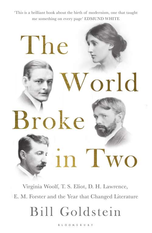 Book cover of The World Broke in Two: Virginia Woolf, T. S. Eliot, D. H. Lawrence, E. M. Forster and the Year that Changed Literature