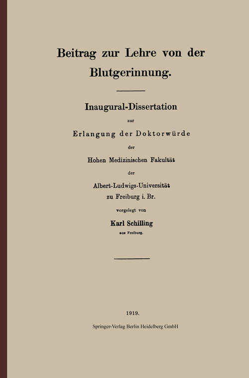 Book cover of Beitrag zur Lehre von der Blutgerinnung (1. Aufl. 1919)