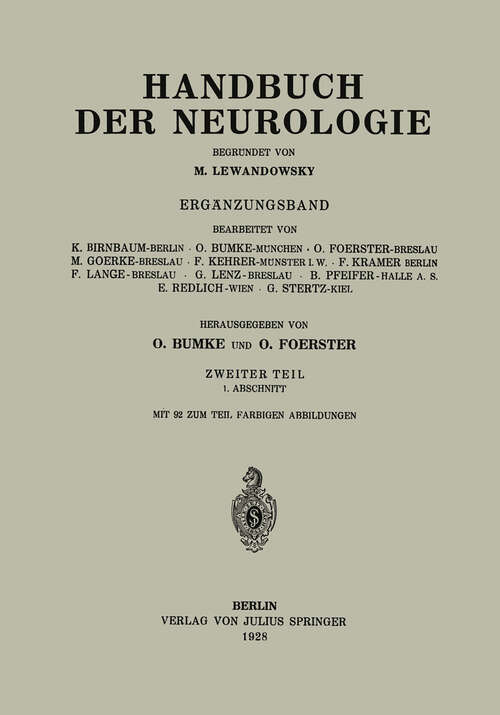 Book cover of Handbuch der Neurologie: Ergänzungsband Zweiter Teil 1. Abschnitt (1928)