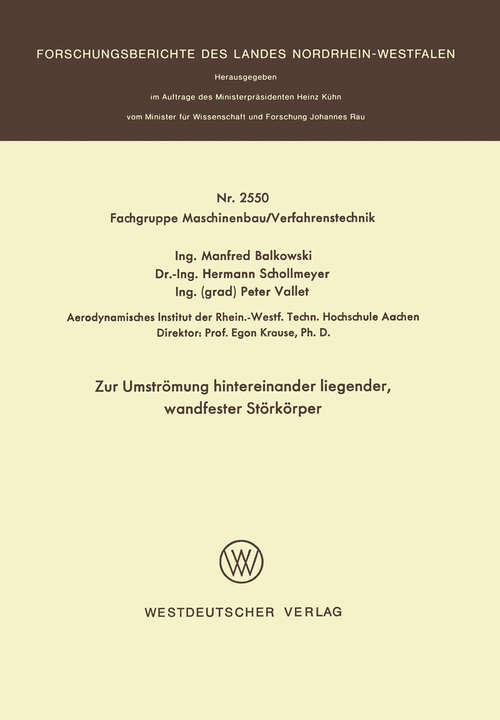 Book cover of Zur Umströmung hintereinander liegender, wandfester Störkörper (1976) (Forschungsberichte des Landes Nordrhein-Westfalen)