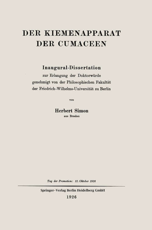Book cover of Der Kiemenapparat der Cumaceen: Inaugural-Dissertation (1926)