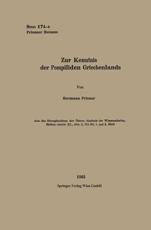 Book cover of Zur Kenntnis der Pompiliden Griechenlands (1965) (Sitzungsberichte der Österreichischen Akademie der Wissenschaften: 1 / 174 / 1-2)