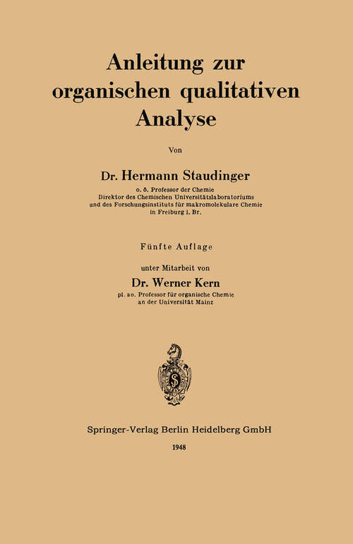 Book cover of Anleitung zur organischen qualitativen Analyse (5. Aufl. 1948)