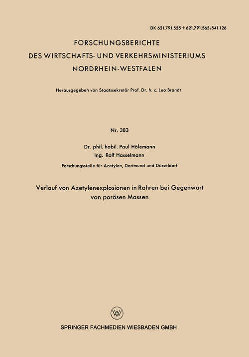 Book cover of Verlauf von Azetylenexplosionen in Rohren bei Gegenwart von porösen Massen (1957) (Forschungsberichte des Wirtschafts- und Verkehrsministeriums Nordrhein-Westfalen #383)