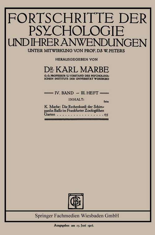 Book cover of Die Rechenkunst der Schimpansin Basso im Frankfurter Zoologischen Garten (1916)