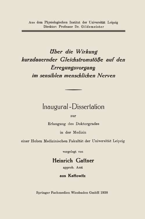 Book cover of Inaugural-Dissertation zur Erlangung des Doktorgrades in der Medizin einer Hohen Medizinischen Fakultät der Universität Leipzig (1938)