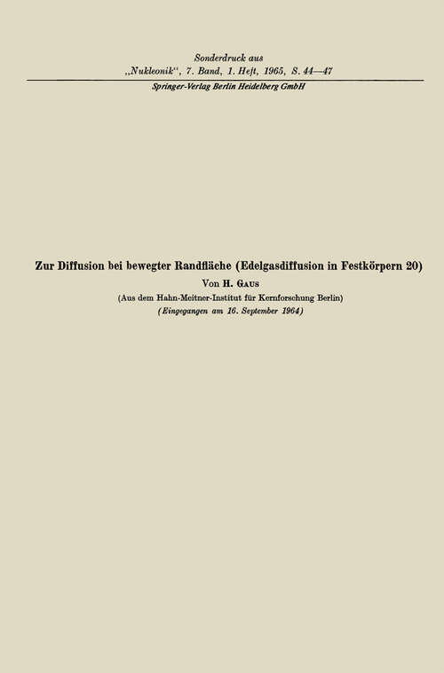 Book cover of Zur Diffusion bei bewegter Randfläche (1964)