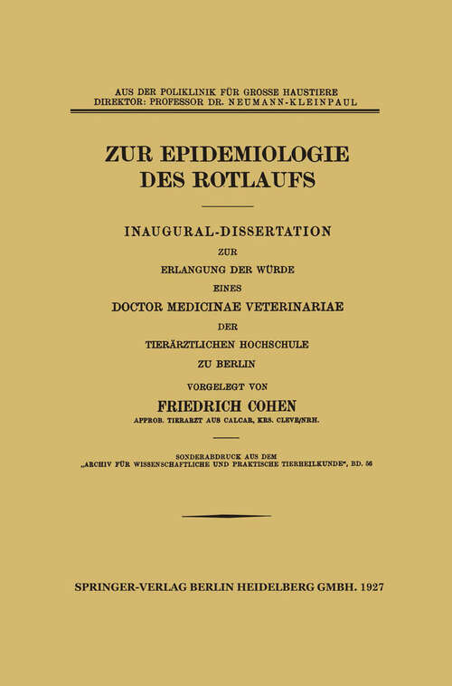 Book cover of Zur Epidemiologie des Rotlaufs: Inaugural-Dissertation (1927)