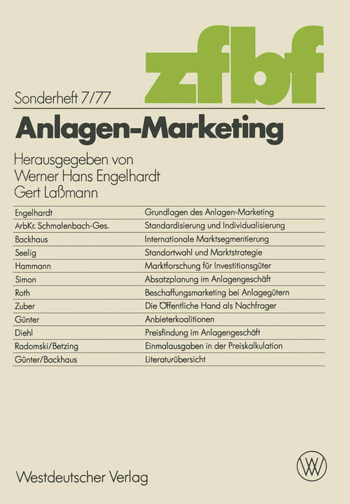 Book cover of Anlagen-Marketing (1977) (Schmalenbachs Zeitschrift für betriebswirtschaftliche Forschung - Sonderheft #7)