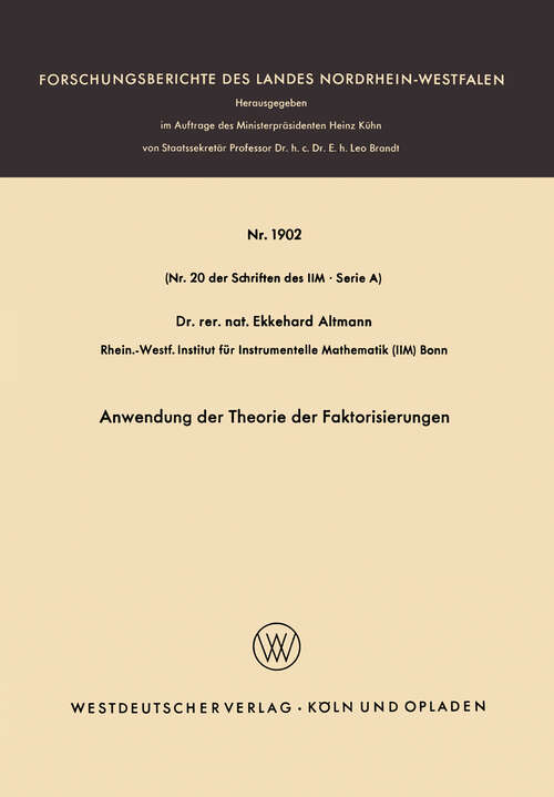 Book cover of Anwendung der Theorie der Faktorisierungen (1968) (Forschungsberichte des Landes Nordrhein-Westfalen #1902)