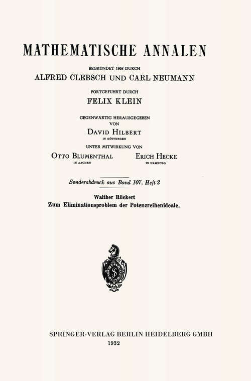 Book cover of Zum Eliminationsproblem der Potenzreihenideale (1932) (Mathematische Annalen)