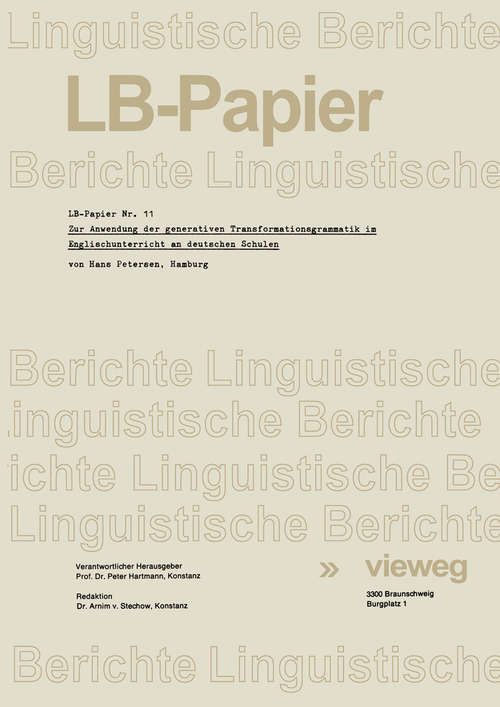 Book cover of Zur Anwendung der generativen Transformationsgrammatik im Englischunterricht an deutschen Schulen (1. Aufl. 1971)