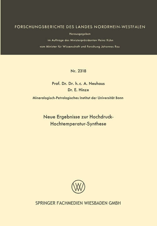 Book cover of Neue Ergebnisse zur Hochdruck-Hochtemperatur-Synthese (1973) (Forschungsberichte des Landes Nordrhein-Westfalen #2318)