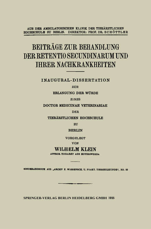 Book cover of Beiträge zur Behandlung der Retentio Secundinarum und Ihrer Nachkrankheiten (1925)