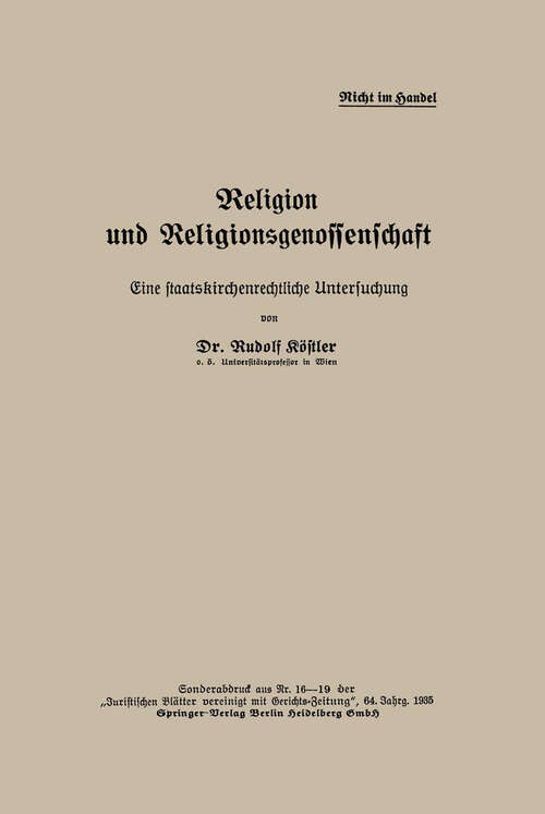 Book cover of Religion und Religionsgenossenschaft: Eine Staatskirchenrechtliche Untersuchung (1935)