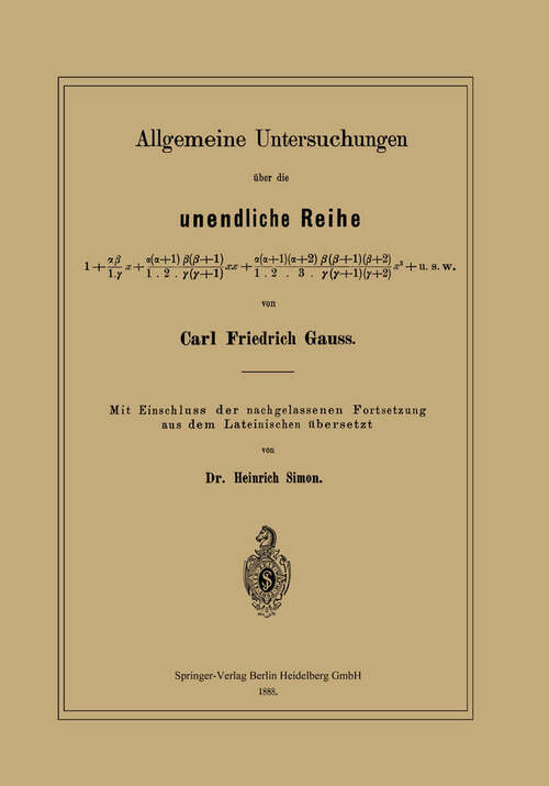 Book cover of Allgemeine Untersuchungen über die unendliche Reihe (1888)