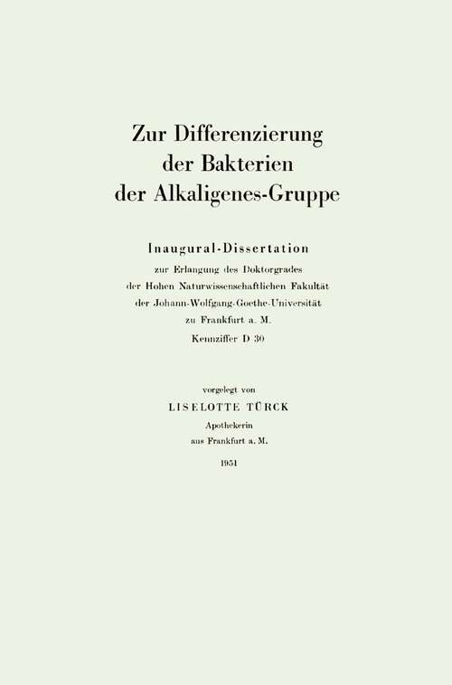Book cover of Zur Differenzierung der Bakterien der Alkaligenes-Gruppe: Inaugural-Dissertation (1951)