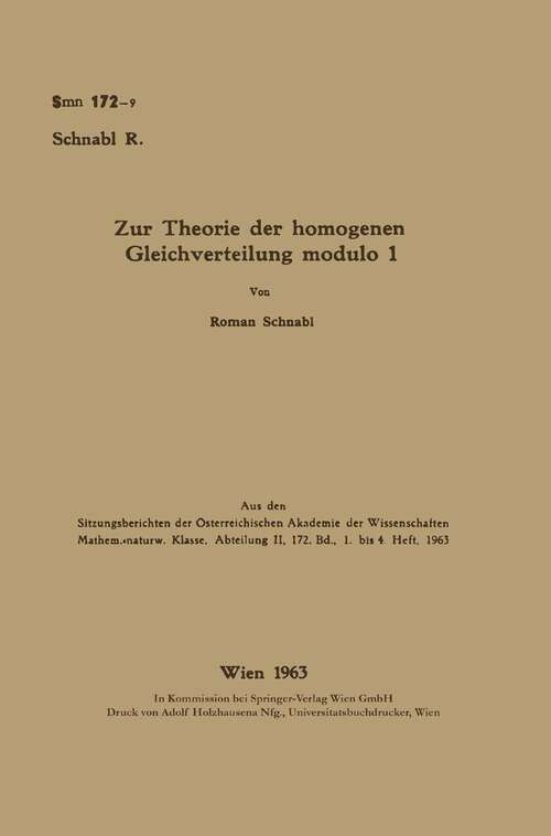Book cover of Zur Theorie der homogenen Gleichverteilung modulo 1 (1963)